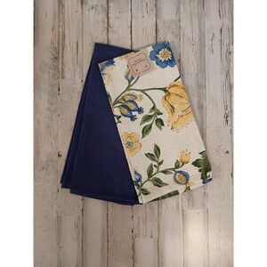 April  Cornell Tea Towel Set Of 2 Cream Blue Yellow Floral 100% Cotton  NEW